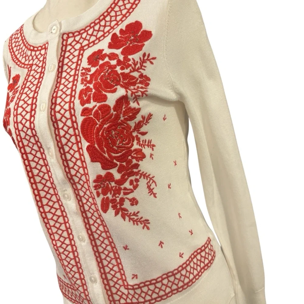 Charter Club White with Red Floral Embroidery Button up Sweater Small